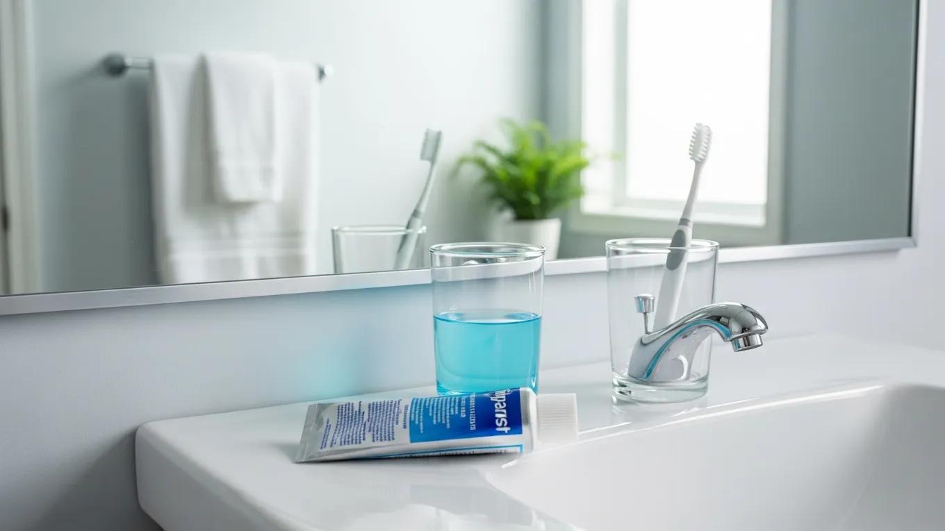 Bright bathroom scene with toothbrush and mouthwash highlighting daily dental hygiene