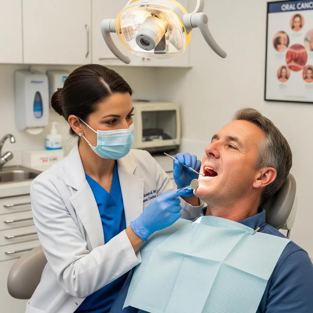 Dental professional conducting an oral cancer screening examination