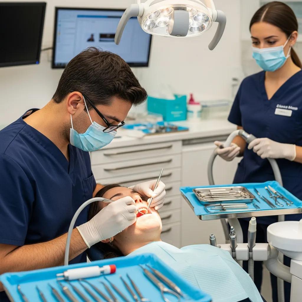 Dental professional performing bone grafting procedure in a clinical setting