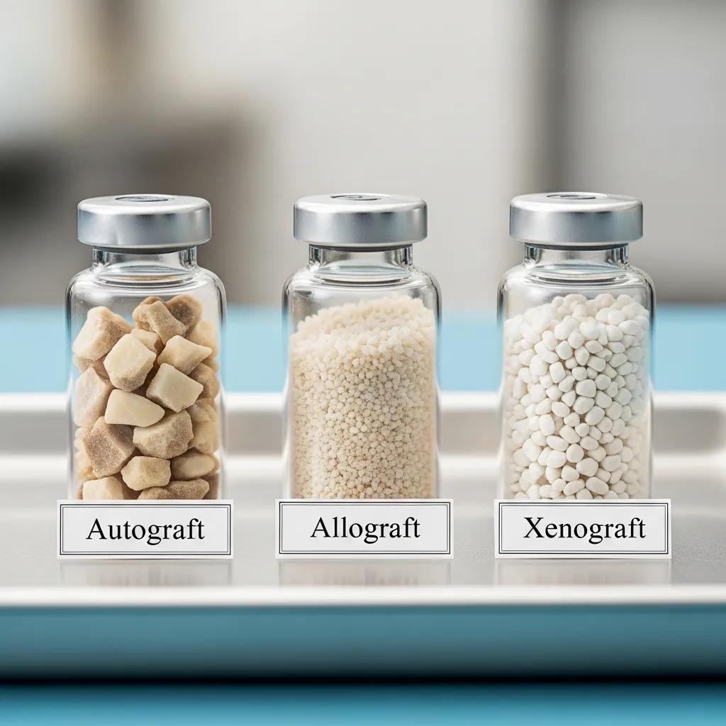 Different types of bone graft materials: autografts, allografts, and xenografts
