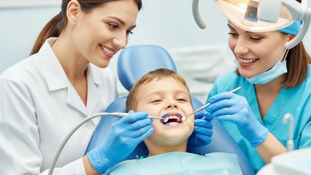 Pediatric dentist applying dental sealants to a child's teeth, showcasing preventive dental care