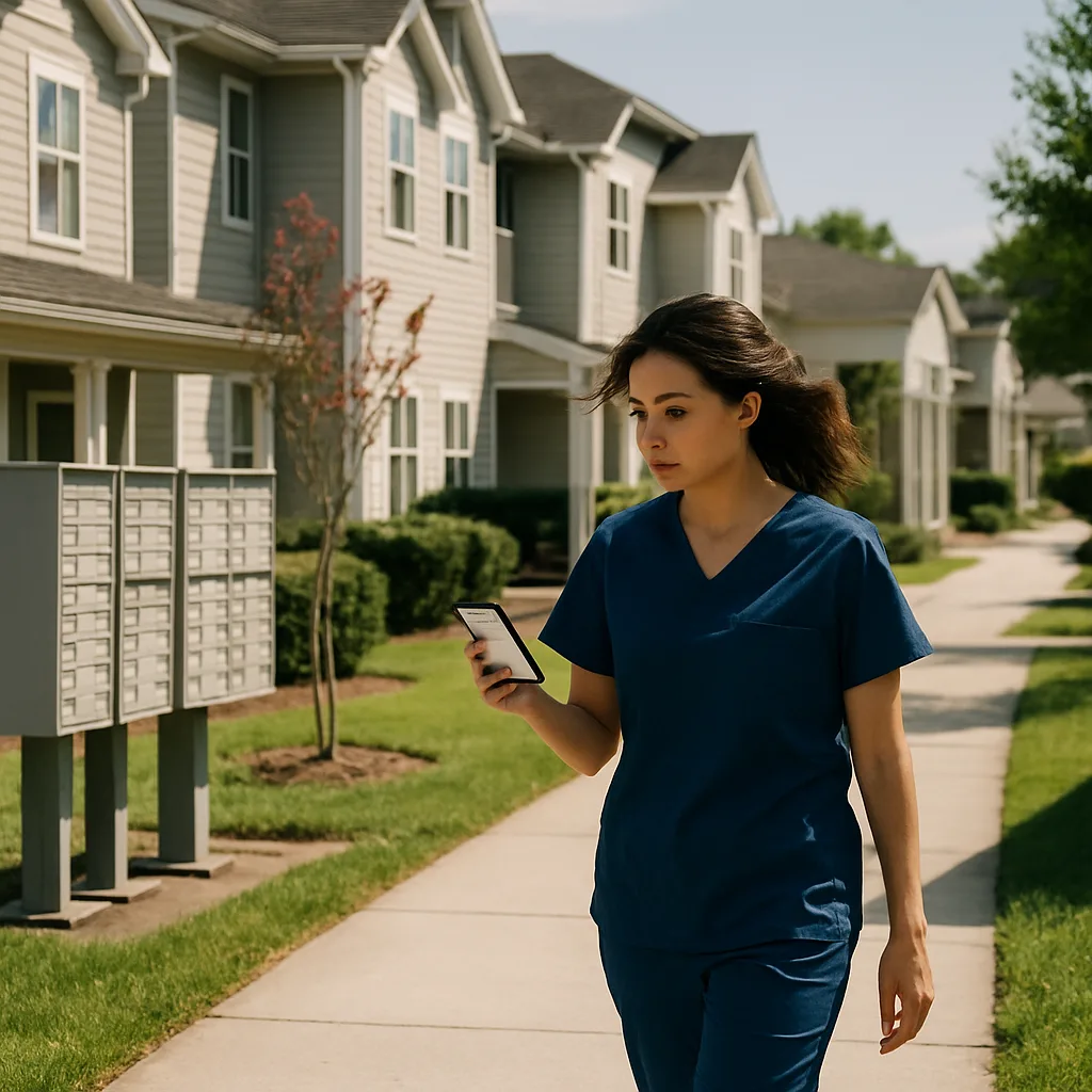 Woman walking to Baymeadows Jacksonville dental office near apartment complex