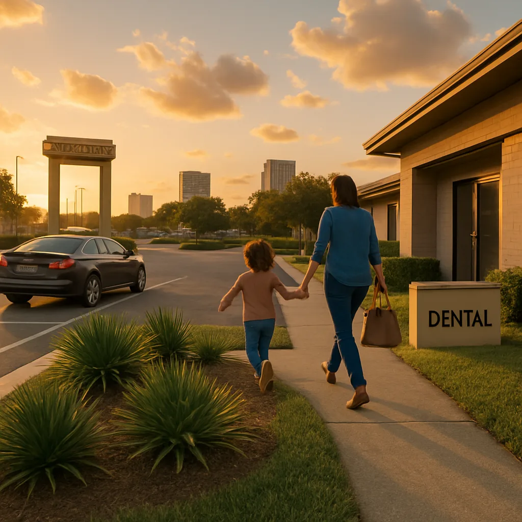 Family walking to Jacksonville dental clinic near Baymeadows mall at golden hour