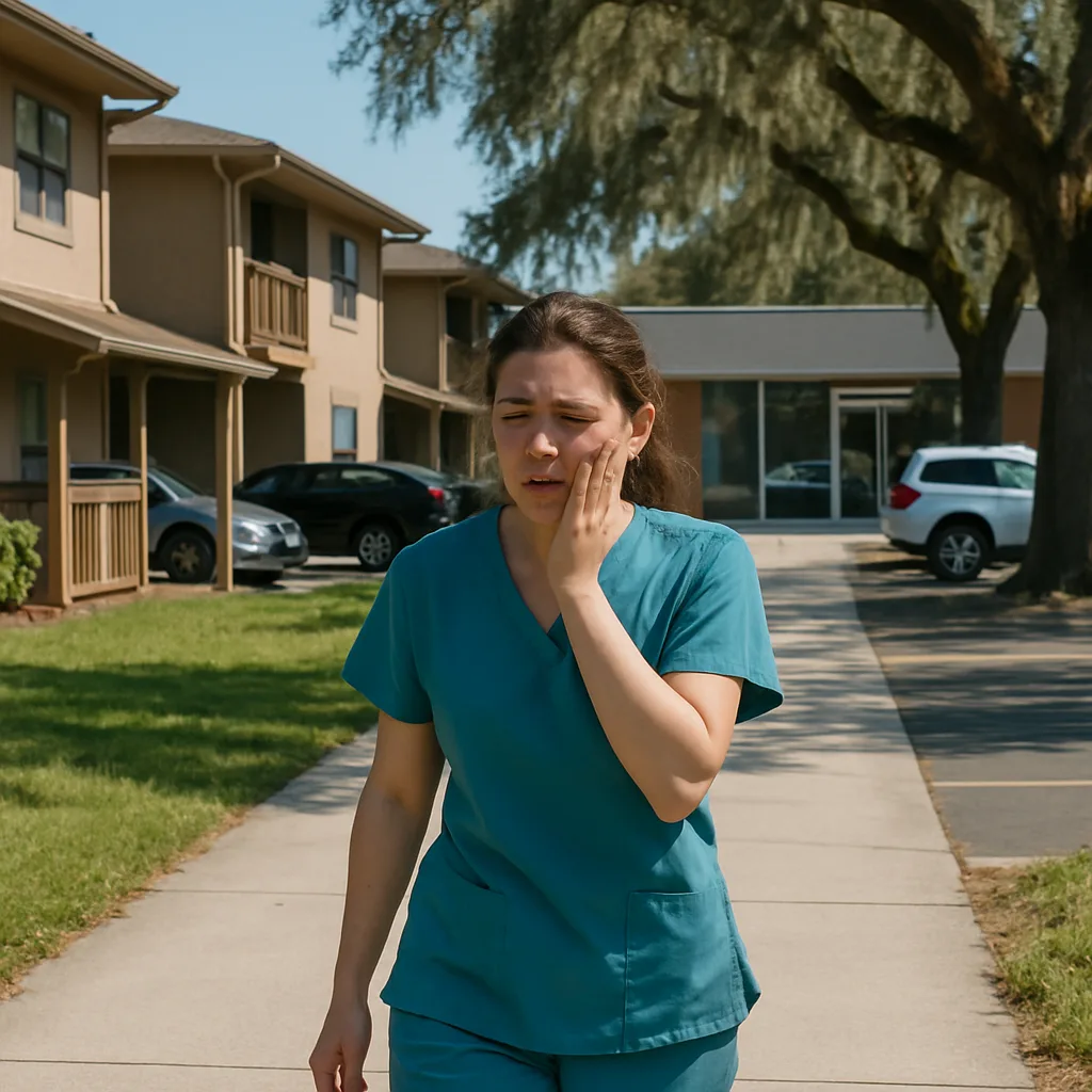 Woman with tooth pain walking to Jacksonville dental clinic near Southside Boulevard apartments