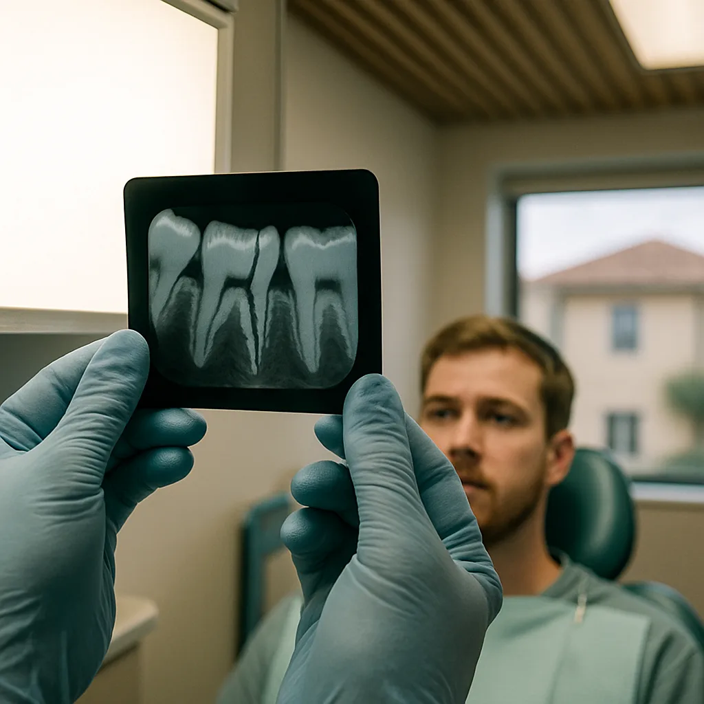Dentist reviewing X-ray of cracked crown at Jacksonville Baymeadows dental office