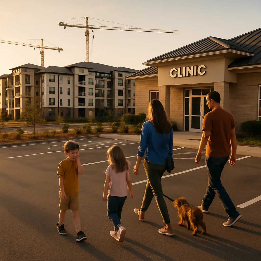 Family arriving at Jacksonville dental clinic near new Baymeadows apartment developments