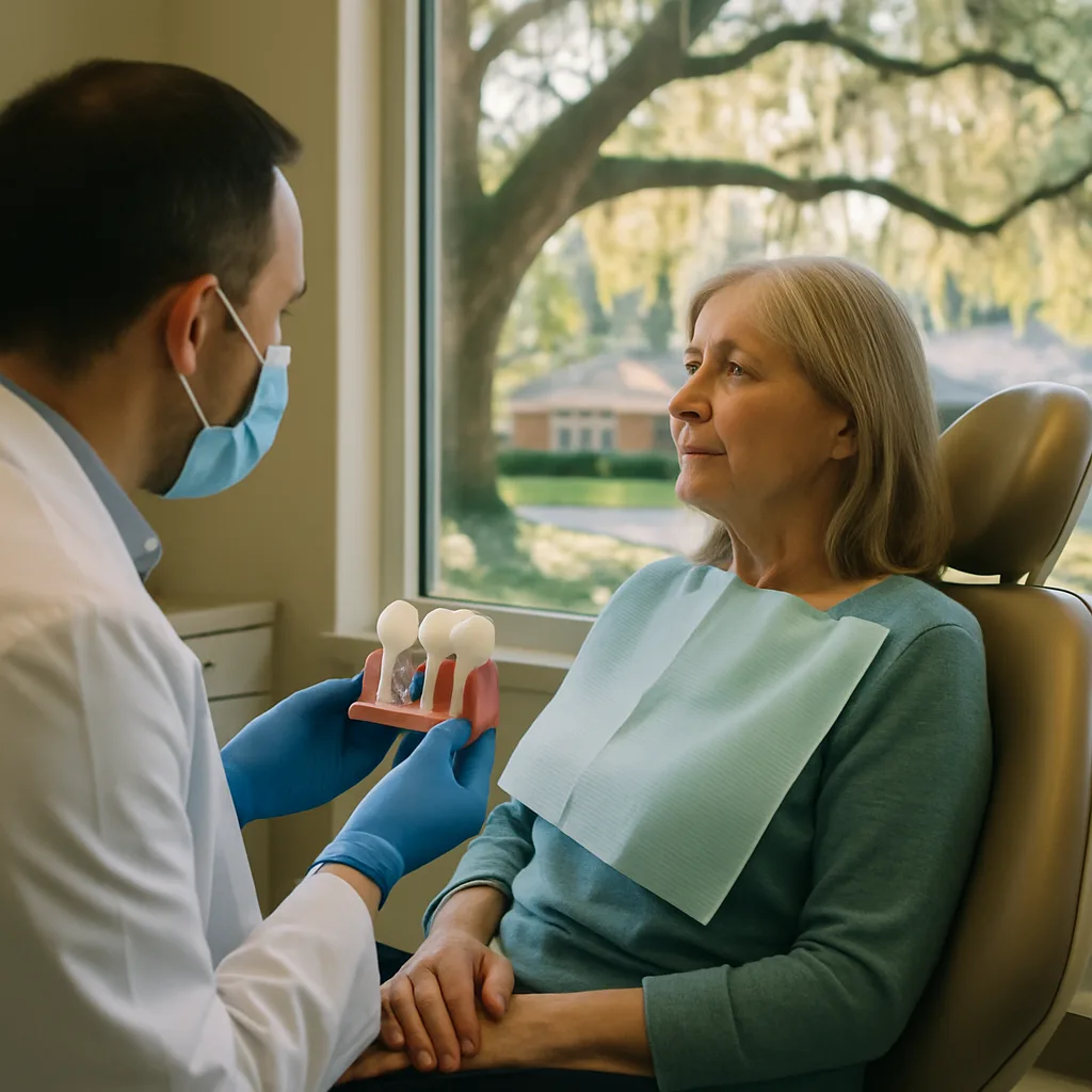 Dentist examining dental implant patient near San Jose Blvd Jacksonville treatment room