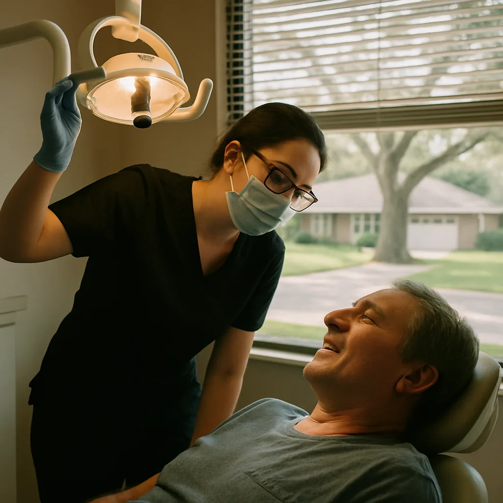 Dental hygienist treating patient near San Jose Blvd Jacksonville with ranch home visible outside