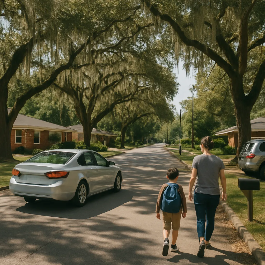 Family walking toward car on San Jose Blvd Jacksonville street near dental office