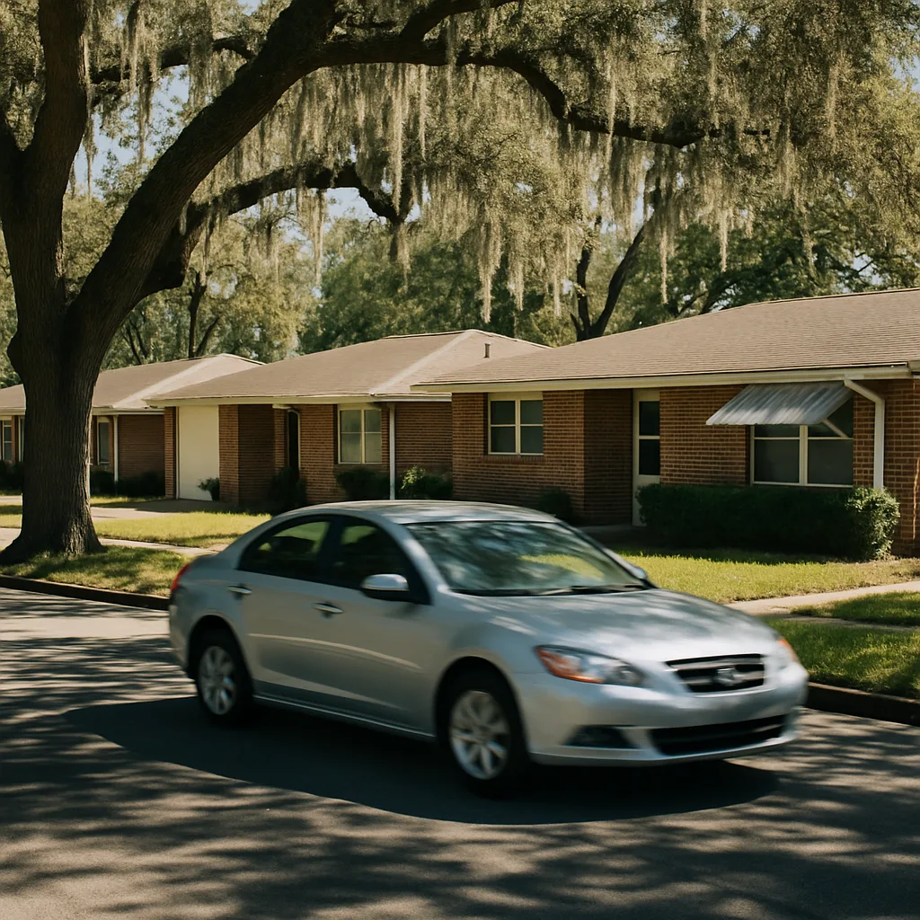 Car driving on San Jose Blvd Jacksonville past ranch homes near dental office